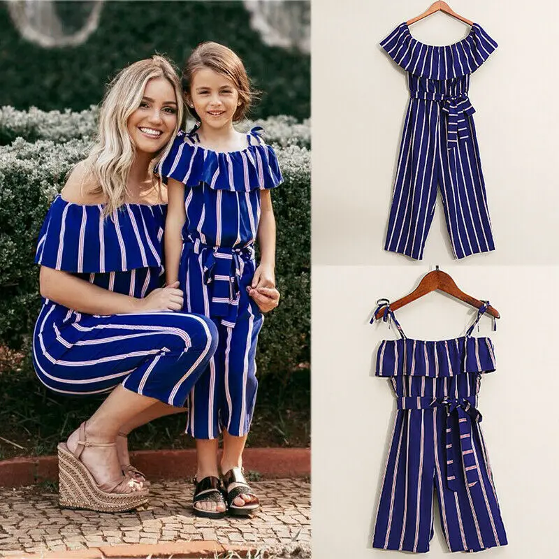 

Mother and Daughter Clothes Parent-child Off Shoulder Striped Wide Leg Romper Jumpsuit One Pieces Sunsuit