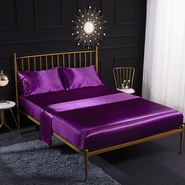 Satin imitate Silk Bed Sheet Flat Elastic Fitted Sheet King Queen Twin US UK Mattress Cover Slip Bedspread Bed linen Pillowcase - Цвет: dark purple