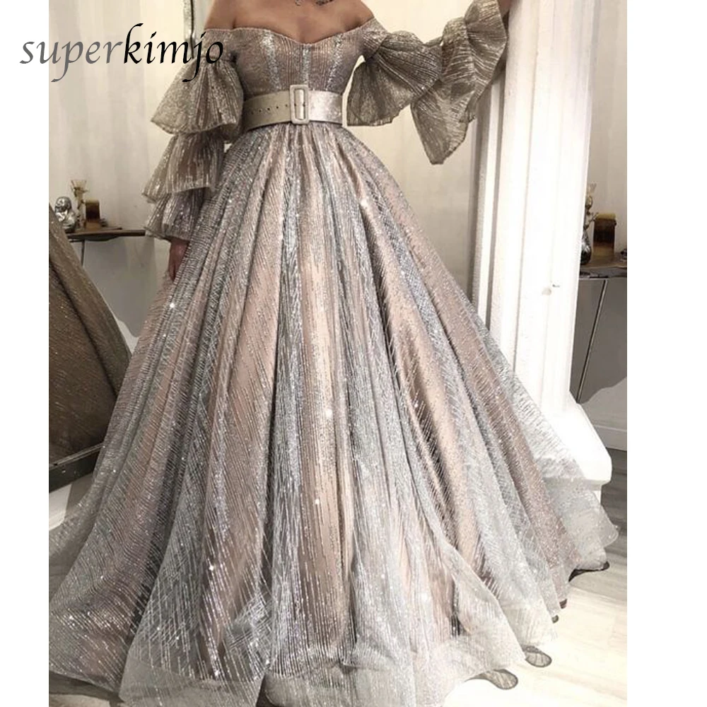 

Sliver Prom Dresses 2019 Sweetheart Neckline Flare Sleeve Long Sleeve Ball Gown Puffy Glued Sequins Evening Dresses Sparkly