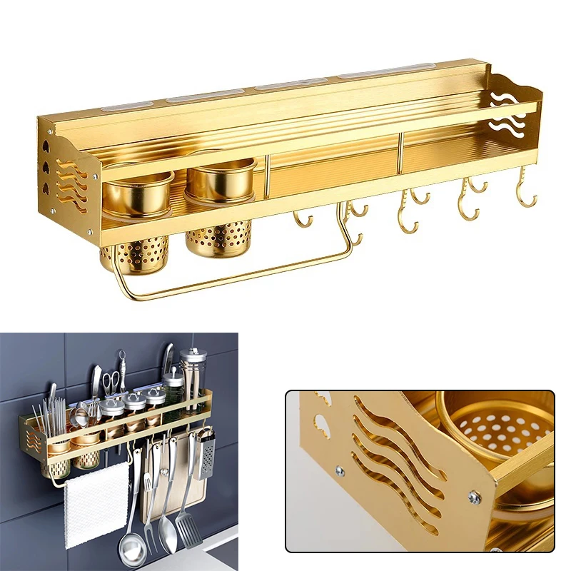 

Hook Storage rack Pans Napkins Cups Cutlery Space Aluminum Gold Holder Organizer Stand Kitchen Wall Convenient