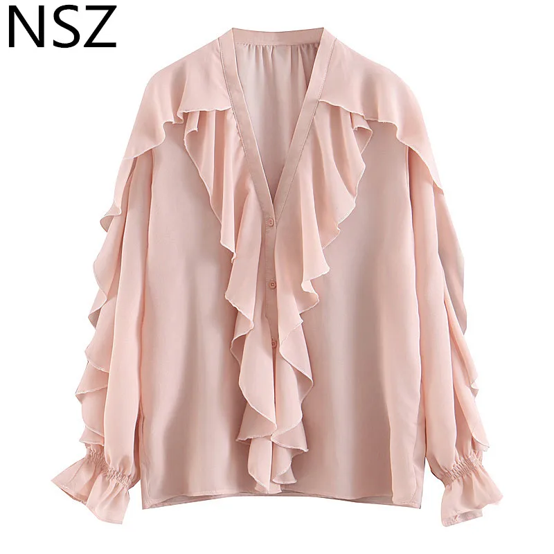 

NSZ Women Pink Summer Chiffon Ruffles Shirt Long Sleeve v neck Blouse Oversize Loos Ladies Top Blusa Camsia