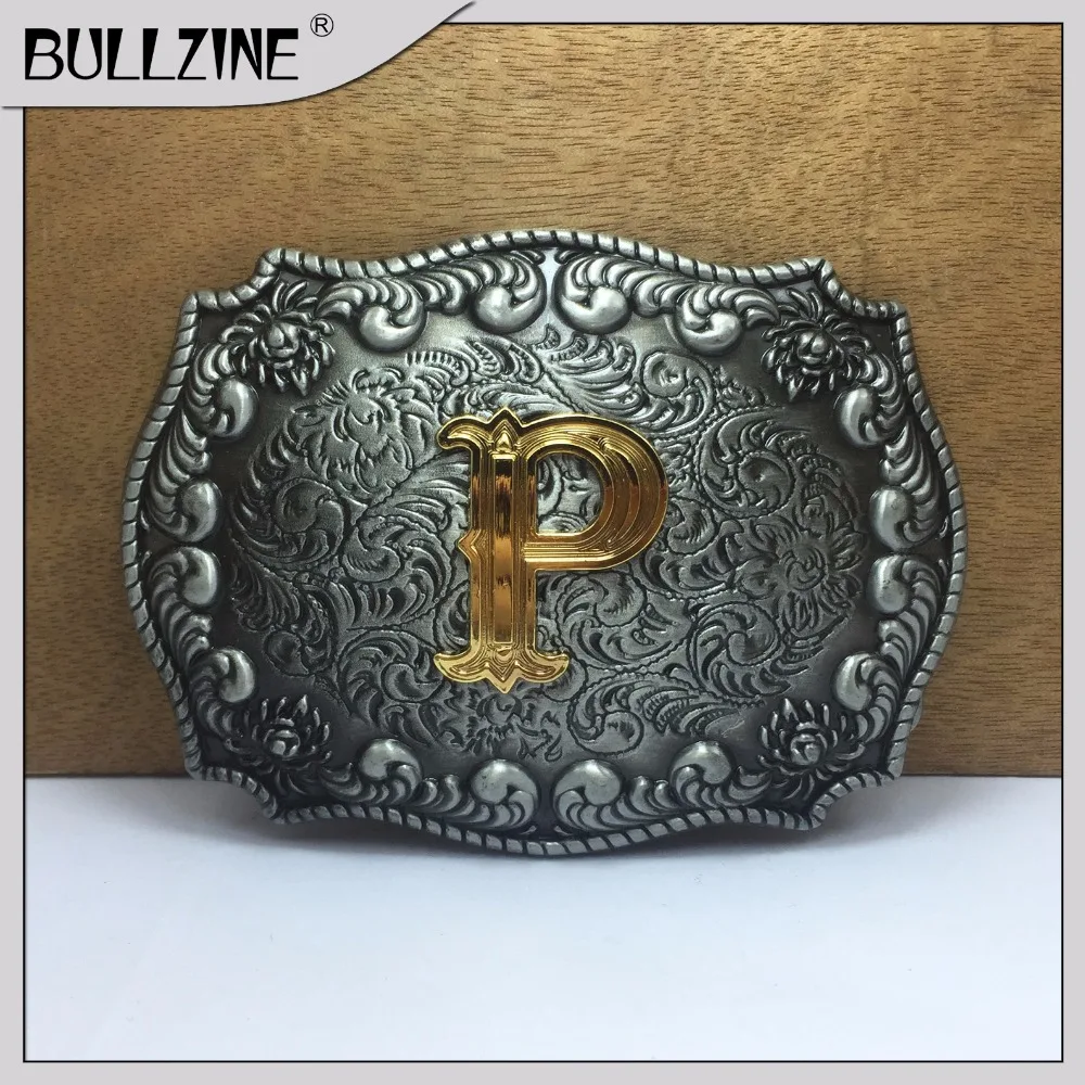 The Bullzine letter P belt buckle with pewter and gold finish FP 03687