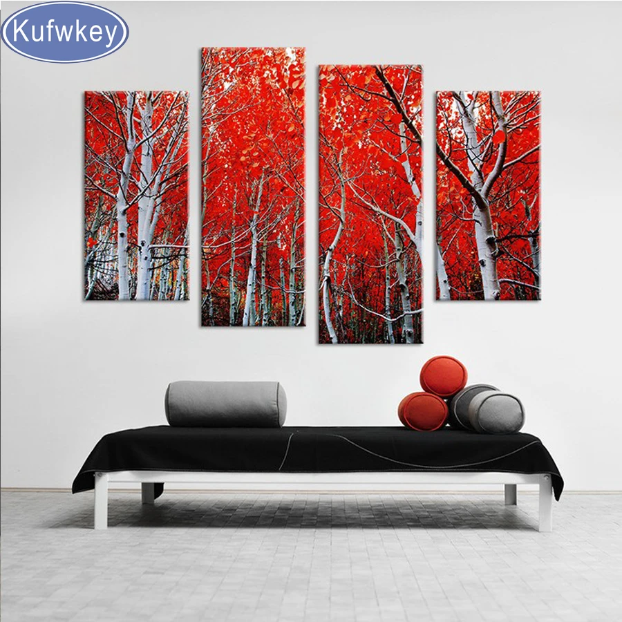 

4pcs/set,red tree woods Wall Art Picture,5d diy Full square Diamond Painting,Stitch Cross,mosaic,Diamond Embroidery home decor