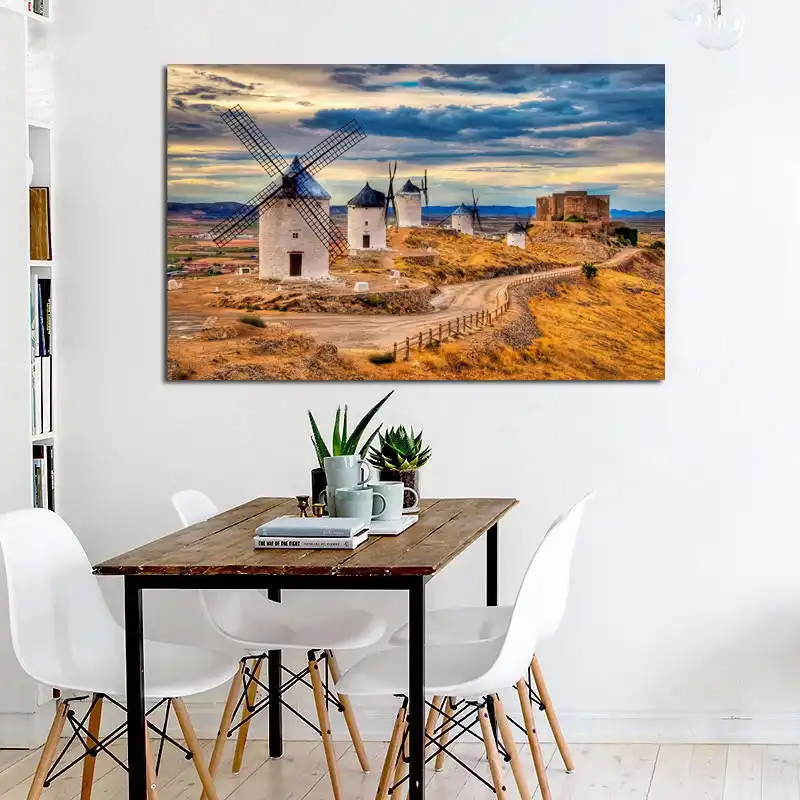 Hermoso Molino De Viento Natural De Espana Paisaje Con Edificio