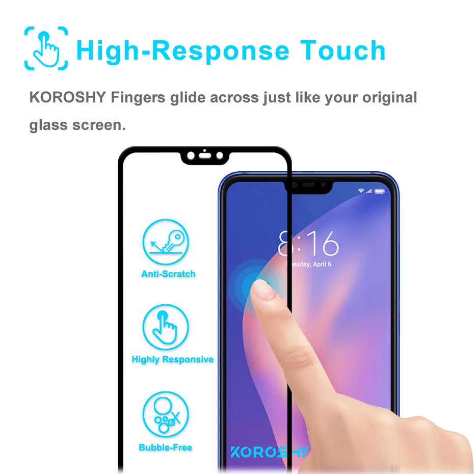 KOROSHY 9H Tempered Glass for Xiaomi Mi 8 Lite Mi8 Lite Screen Protector Full Cover HD Clarity Ultra Thin Glass Film (6)