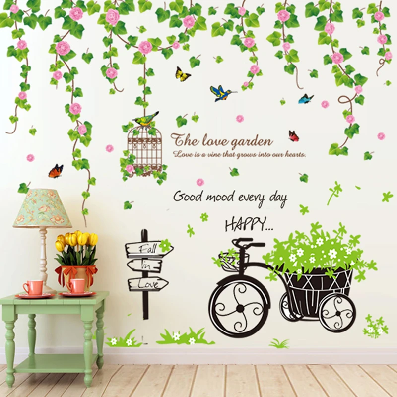 

[shijuekongjian] Flower Vine Wall Stickers DIY Grass Cart Wall Decals for House Living Room Bedroom Decoration