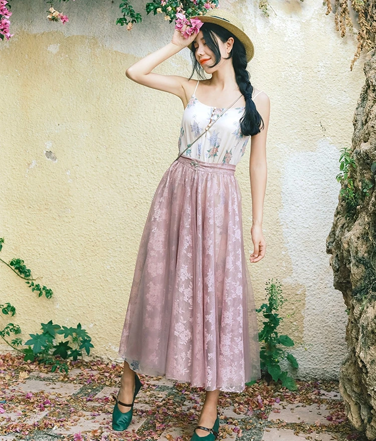 

IRINAW232 summer 2018 new arrivals women vintage see through high waist midi long tulle lace skirt