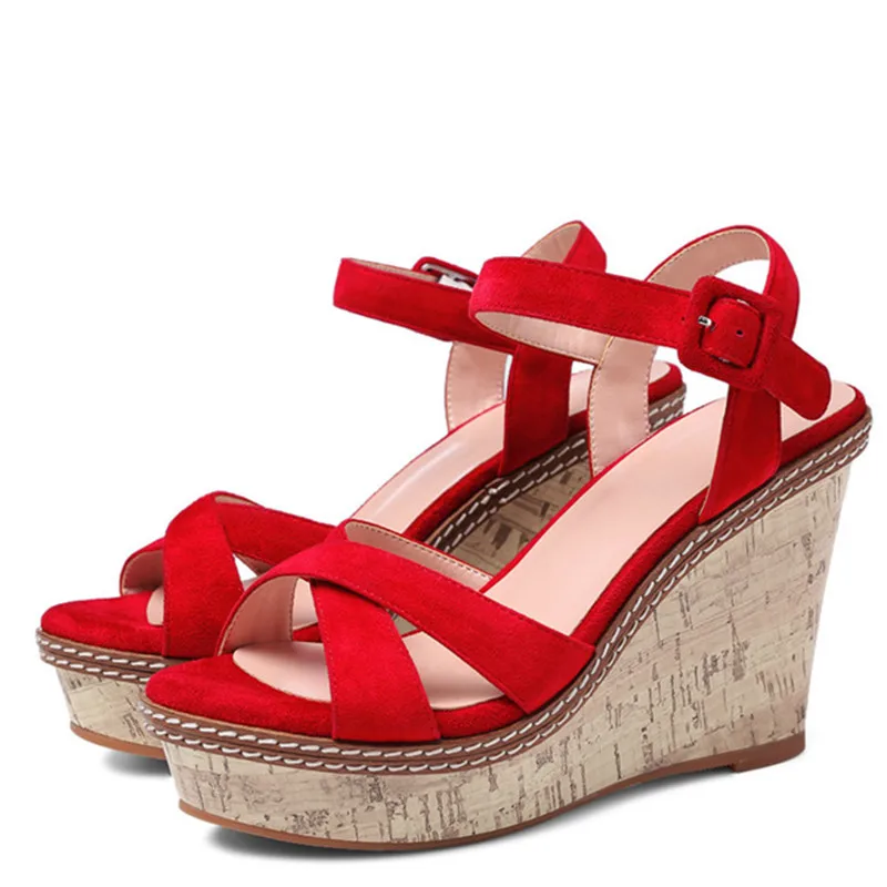 

LOVEXSS Woman Genuine Leather Wedges Sandals Red Black Apricot High Heels Platform Shoes Fashion Sexy Open Toe Heels Sandals