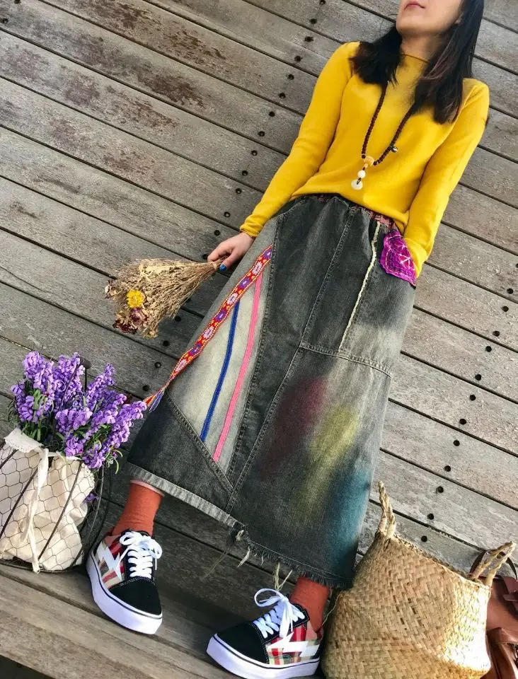 Original spring new literary retro embroidered patch edging tassel denim skirt long skirt female tide