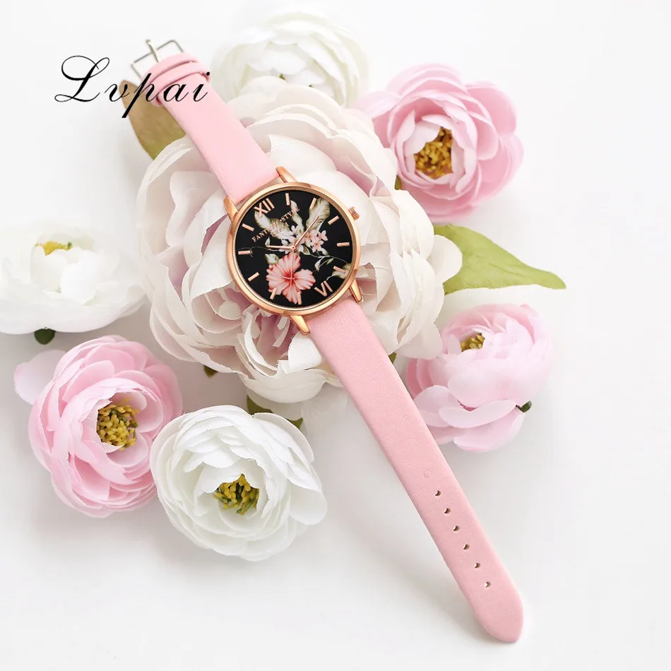 Lvpai Brand Women Bracelet Watch Fashion Rose Gold Flowers Leather Simple Women Dress Watches Luxury Business Clock Watch