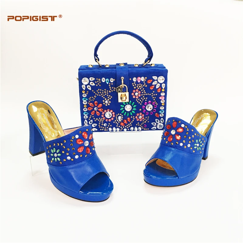 Royal blue flowers design newest design Italian shoes and bags set to