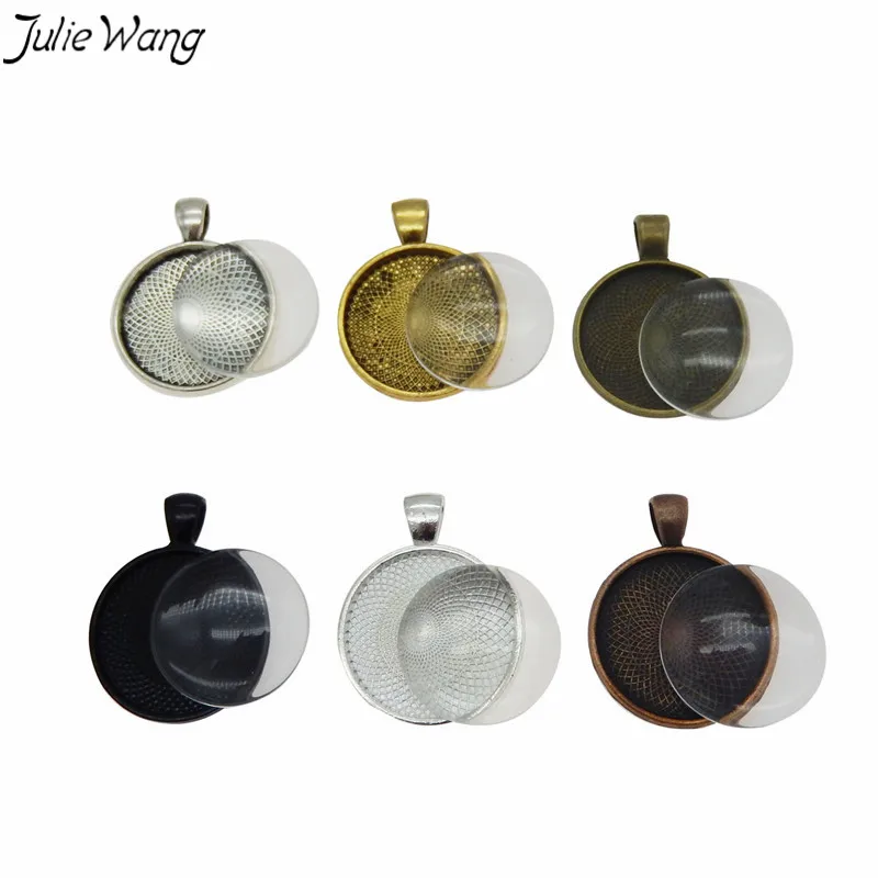 

Julie Wang 6Sets Mix Sale Round Bezel Pendant Tray Setting with Glass tile Cabochons Kit for Handmade Vintage Jewelry Accessory