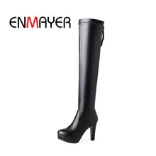 ENMAYER/ г. Сапоги до колена, без шнуровки, с ремешком на щиколотке, размеры 34-43, новые сапоги с круглым носком весенне-летняя обувь высокого качества на шпильке, WHY206