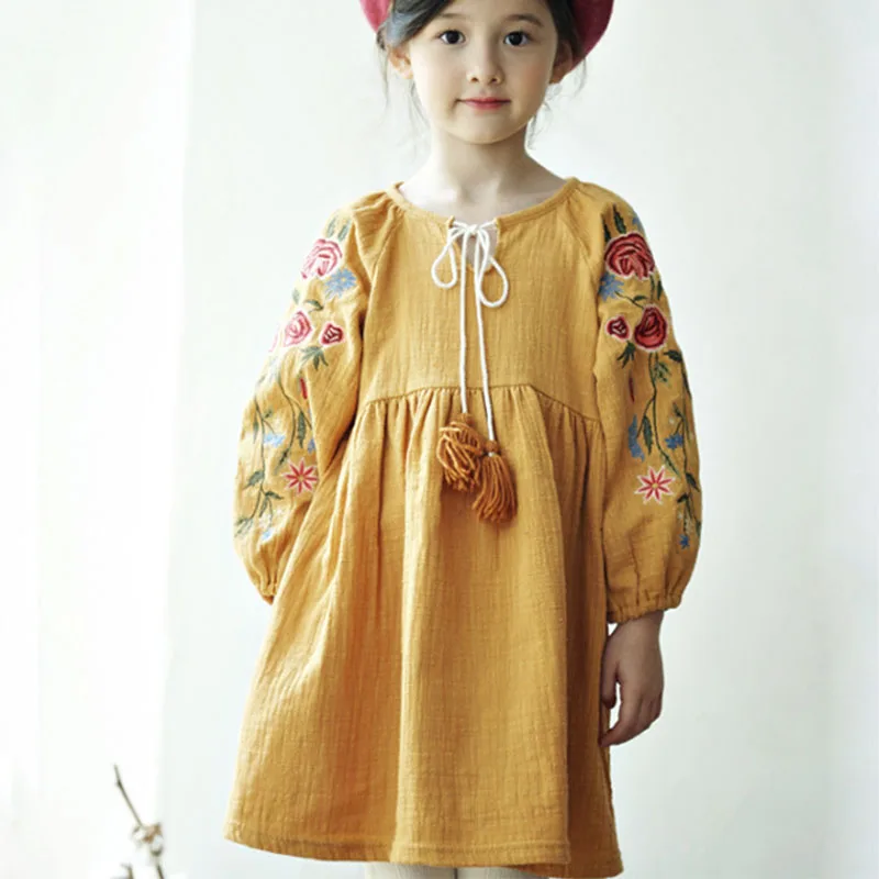 Платье с длинными рукавами для маленьких девочек-подростков; vestidos; коллекция года; сезон весна-осень; рождественское платье с вышивкой; хлопковые льняные платья; детская одежда