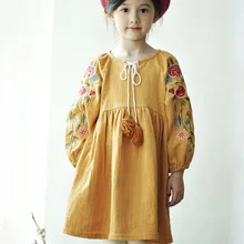 Платье с длинными рукавами для маленьких девочек-подростков; vestidos; коллекция года; сезон весна-осень; рождественское платье с вышивкой; хлопковые льняные платья; детская одежда