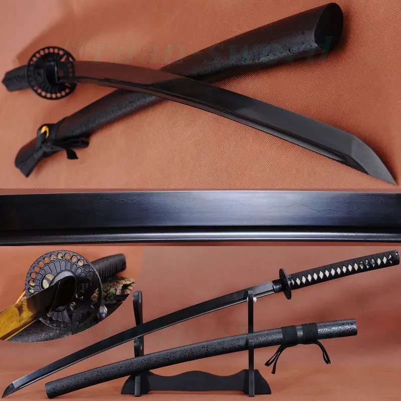 

41" HANDMADE JAPANESE SAMURAI BLACK FOLDED STEEL SWORD KATANA IRON TSUBA SHARP
