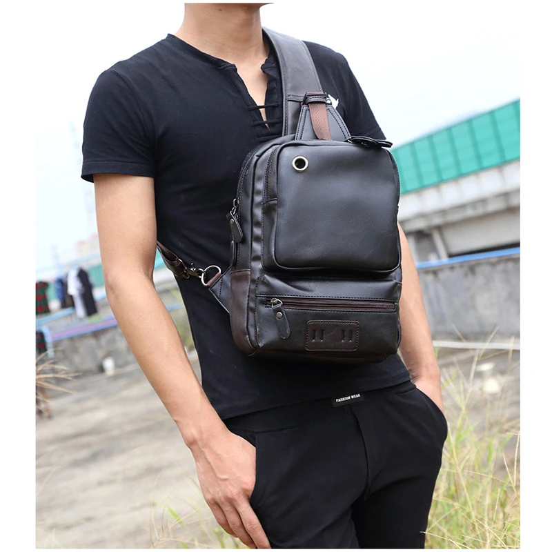 Vintage PU Leather Men Chest Backbag Casual Fashion Male Messenger Bags Back Pack Crossbody Bags Small Sling Single Shoulder Bag 5