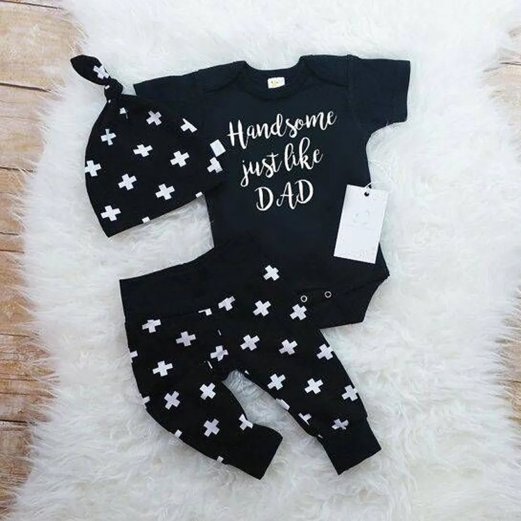 

MUQGEW Newborn Baby Summer Clothing Sets Baby Boy Handsome Just Like Dad Letter Romper Hat Pants Clothing Set Outfits