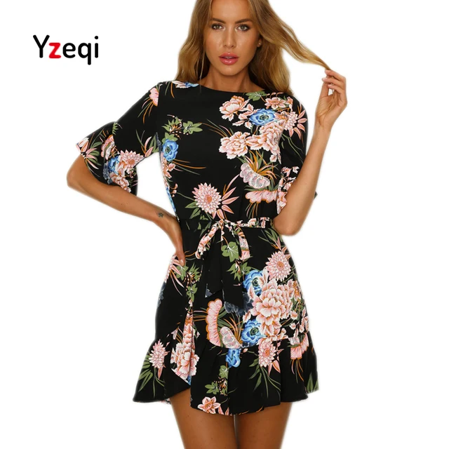 Yzeqi Summer Print Floral Vintage Dress Women Sexy Club Evening Party Dresses Bohemia Boho Bandage Beach Dress Female