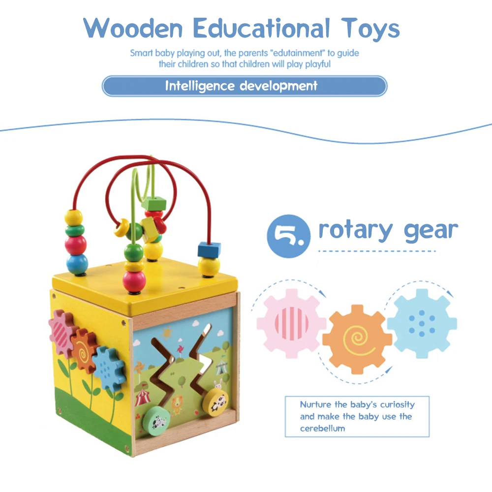 

5 in 1 Wooden Activity Cube Bead Maze Shape Multi-purpose Activity Center Educational Wooden Toys for Children Early Learning