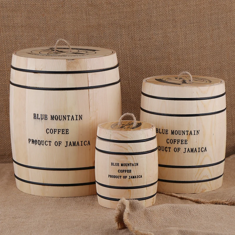

Coffee Beans 0ak Barrel Storage Airtight Wooden Container For Coffee Beans or Grounds Kitchen Box