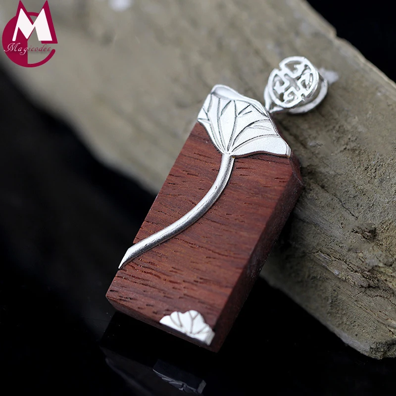 

Handmade Vintage Wood Elegant Lotus Leaves 990 Sterling Silver Jewelry Buddhism Geometry Charms Necklaces Pendants For Women