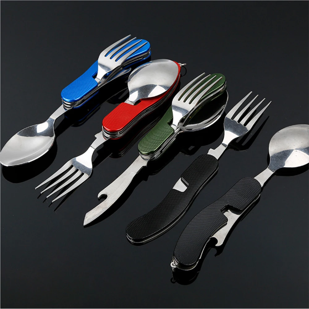 

Camping Pocket Folding knife Portable MultiFunction Durable 4 in 1 Stainless Steel Camping Travel Picnic Cutlery Outdoor Tools