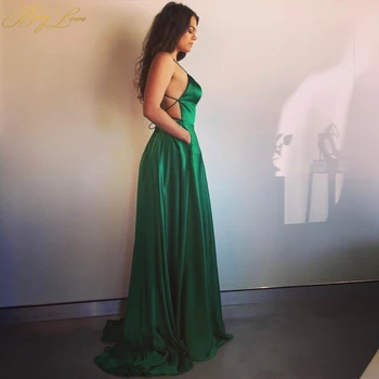 

Sexy Emerald Green Evening Dress 2020 Backless Prom Dress High Slit Evening Formal Gown Party Dress Straps Abiye robe femme