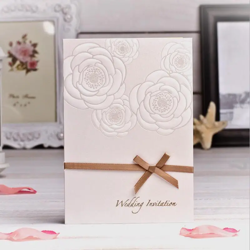 

20 Pcs/lot Embossing Ribbon Paper Card Elegant European Wedding Invitation Card with Envelope Wedding Party Supplies