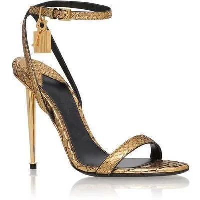 

New Fashion Luxury Gold Lock Metal Decoration Women High Heel Shoes Fashion Concise Design Elegant Lady Summer Sandals Female Pu