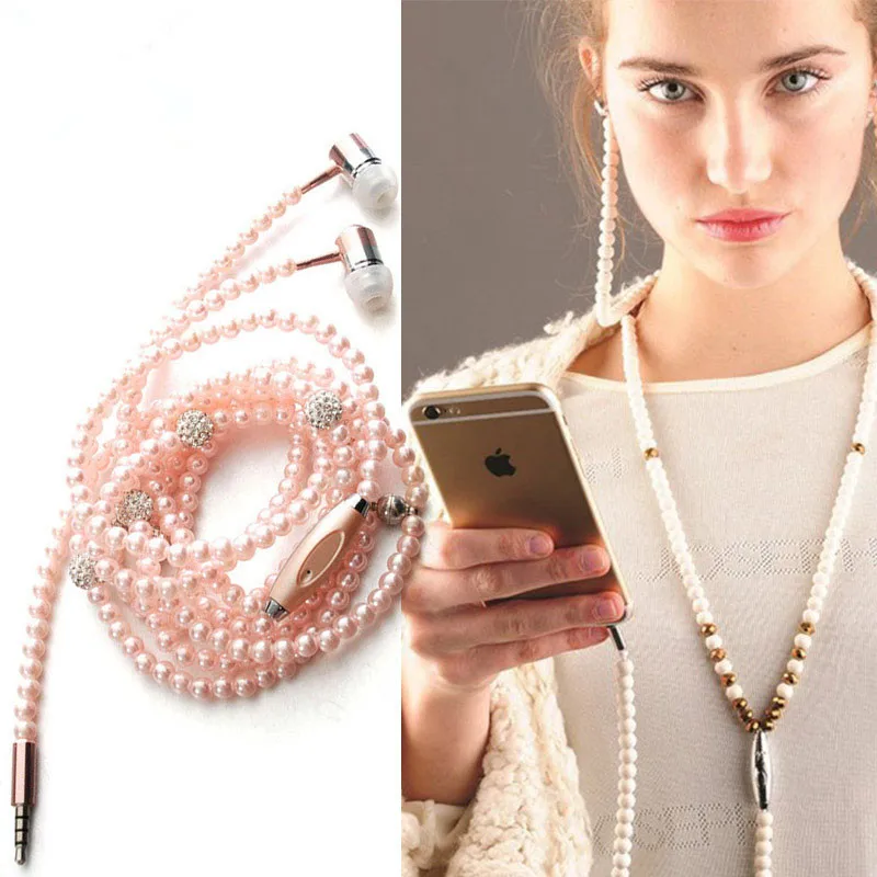 New Pink rhinestone Jewelry Pearl Necklace Earphones With Microphone Earbuds for iphone Xiaomi Brithday Gift