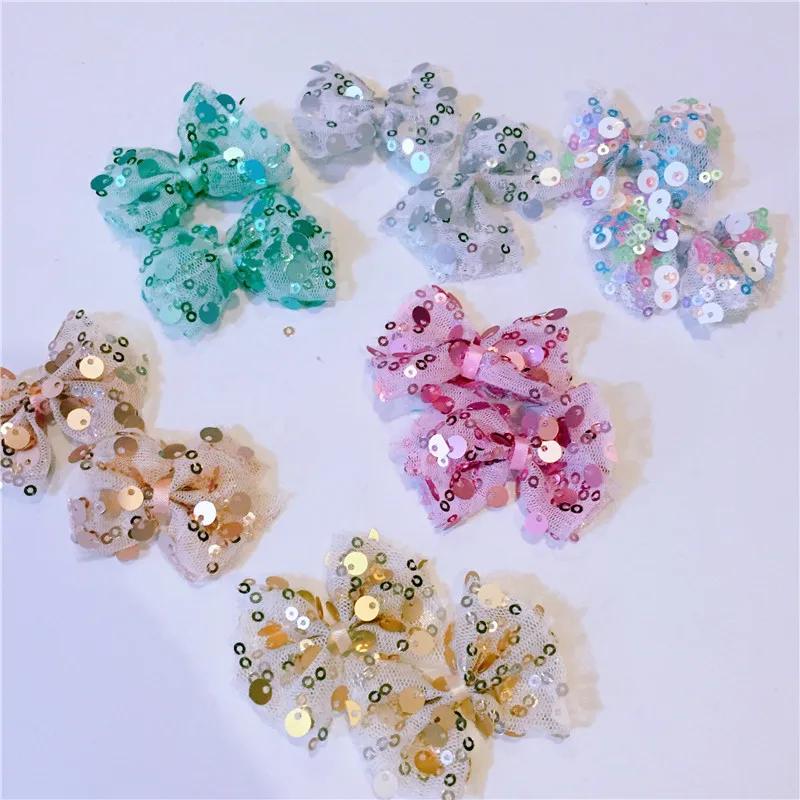 

6*3cm 12pcs/lot Sequin Bling bling bow DIY handmade bowknot Appliques for children's hair accessories