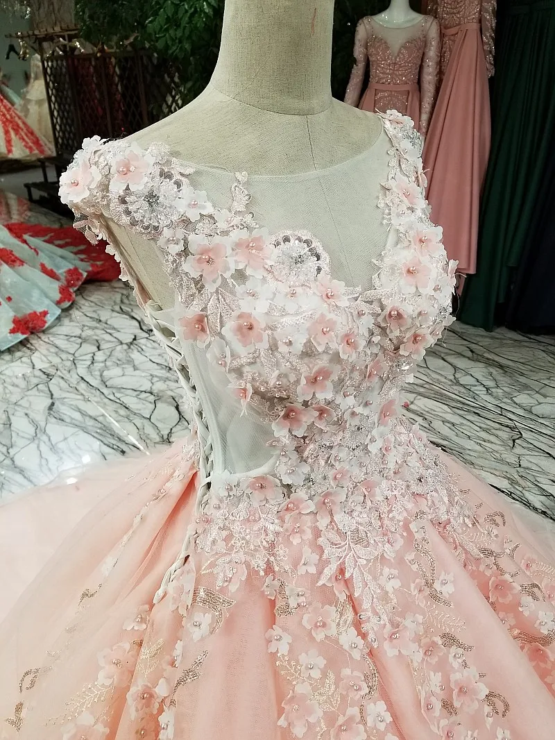 LS2987 розового бальное платье вечернее платье с цветами колпачок рукав о-шея конфеты цвет девушки платье для вечеринки с поездом как фотографии