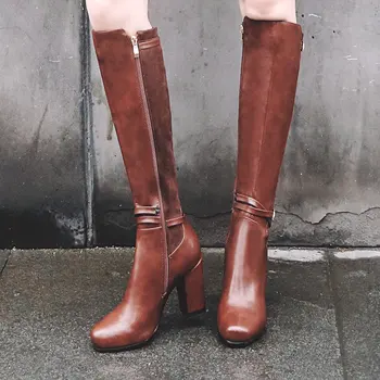 

High Quality Knee High Boots Women Winter Warm Fur Zipper Boots Square High Heels Buckle Fashion Woman Shoes 2018 Black Brown
