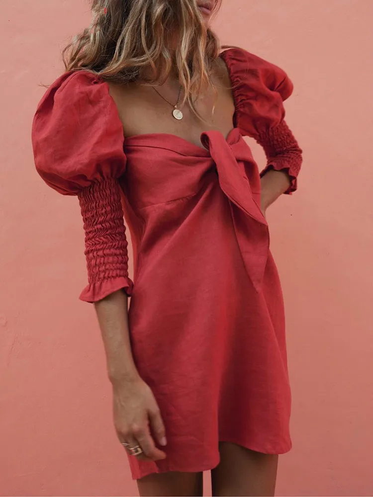 

Summer Short Dress 2019 Women Red Casual Dresses Female Beach Sundress Three Quarter Puff Sleeve Mini Shirt Dress