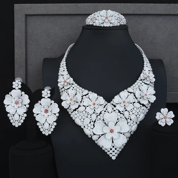 

Mosaic Flowers 4 PCS Performance Stage Occasion Luxury Necklace Bracelet Earring Ring Jewelry Sets with Full Cubic Zirconia