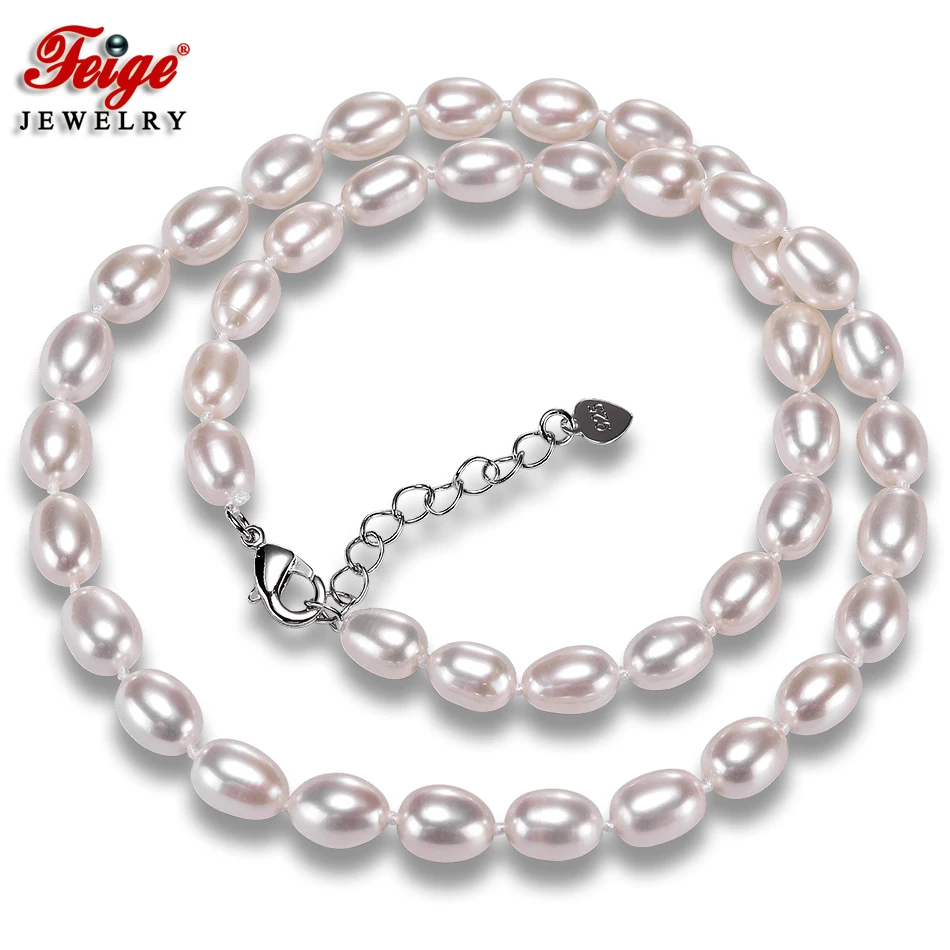 Natural White Rice Shape Pearl Necklaces for Women 7-8MM Freshwater Pearls Chorker Necklace Fine Jewelry FEIGE