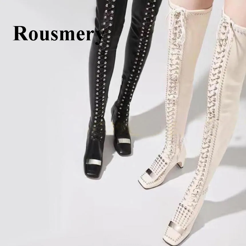 

Fashion Newest Over The Knee Cross-Tied Rivet Design Genunie Leather Square Toe Mid Heel Strange Style Women Boot Two Color
