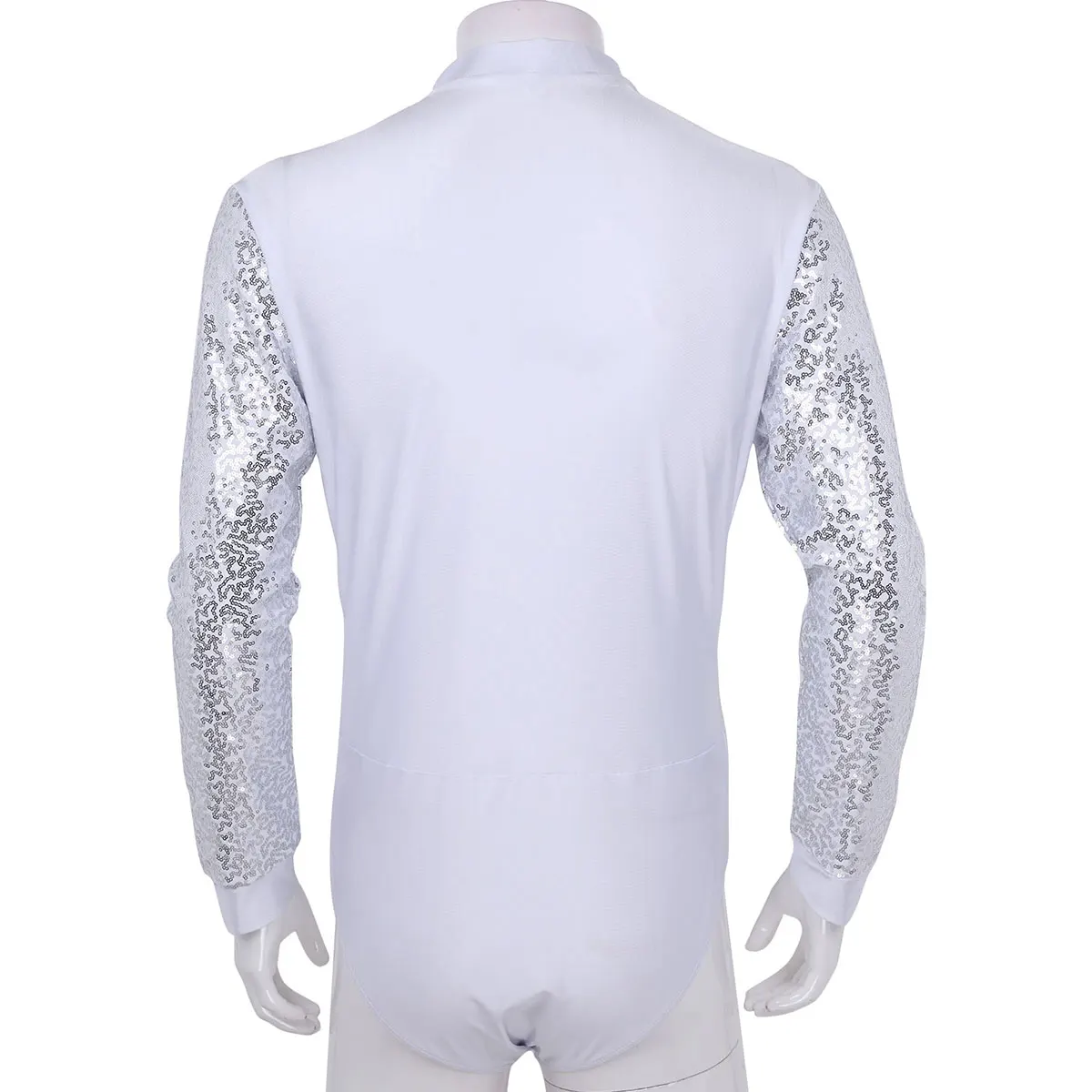 Men Leotard Ballet Bodysuit One piece Shiny Sequins V Neck Long Sleeves High Cut Dance Shirt Short Unitards Leotard Bodysuit