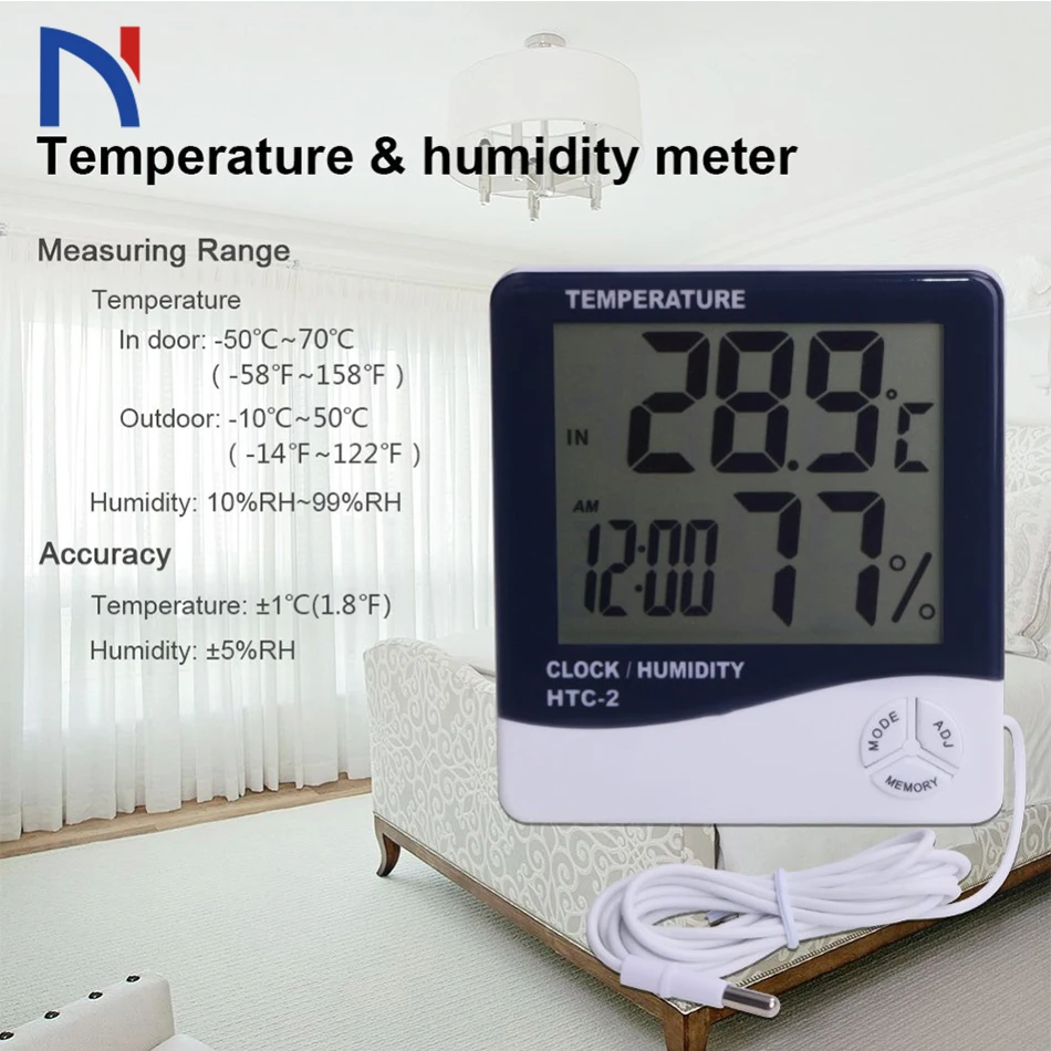 

HTC-2 Digital Thermometer Hygrometer Electronic LCD Temperature Humidity Meter Weather Station Indoor Outdoor Clock