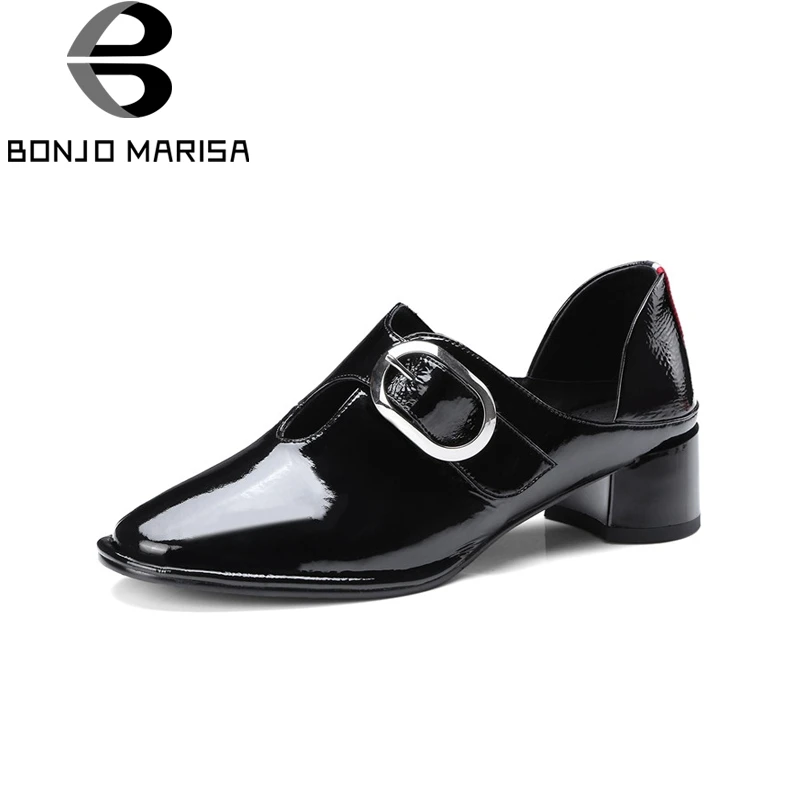 

BONJOMARISA New Fashion Genuine Leather Square Med Heels Solid Round Toe Shoes Woman Casual Spring Pumps Black Big Size 34-43