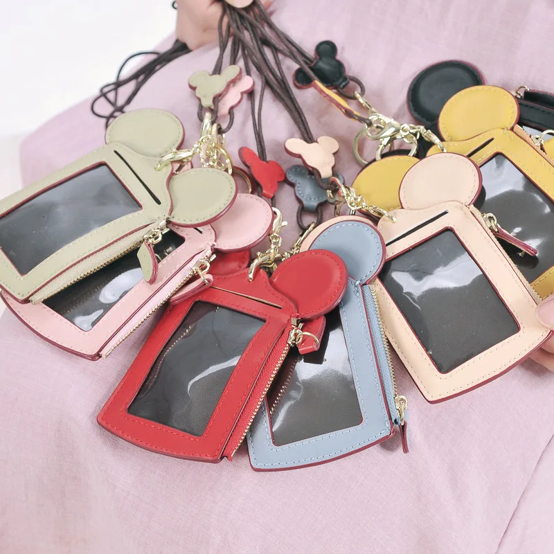 

1Pc Mouse Ear PU Zipper Card Holder Candy Color Portable String ID Bus Identity Badge Lanyard Porte Carte Credit Storage Bag