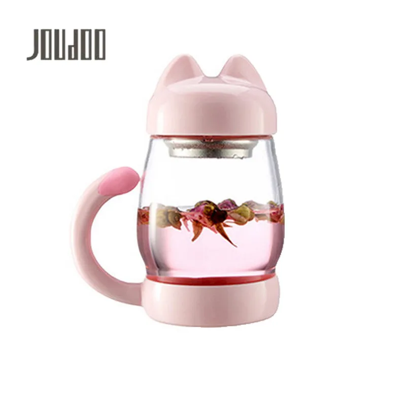 

JOUDOO Cup 420ml Cat Shape Glass Cup Portable Lady Flower Glass Water Bottle With Tea Infuser Lid Handle Drink Bottles 35