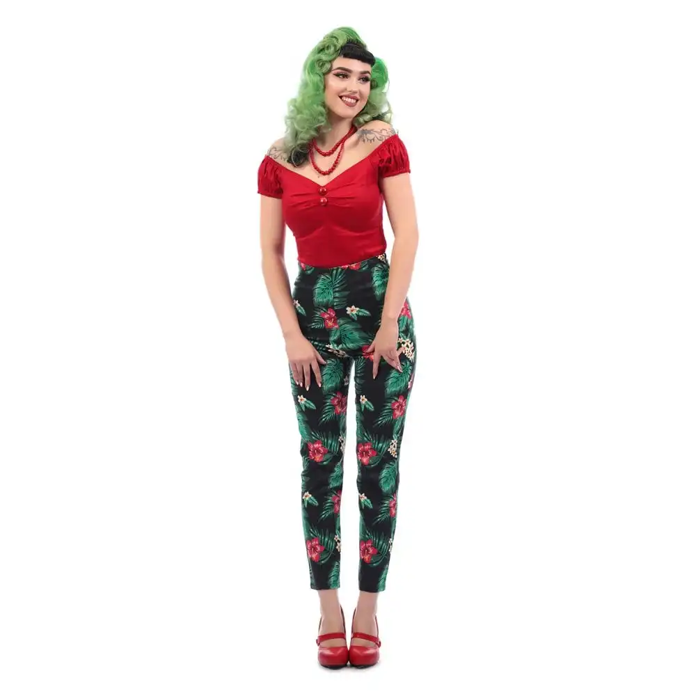 

30- women vintage 50s inspired Tropical Paradise slim Trousers plus size fit pants pinup pantalones mujer spodnie damskie
