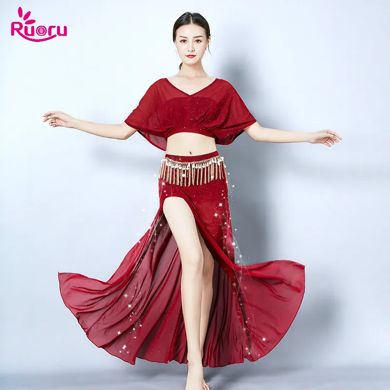 

Ruoru New 3 Piece Belly Dance Set Belly Dance Practice Wear Bellydance Costume Skirt Tops Dress with belt Dance Wear
