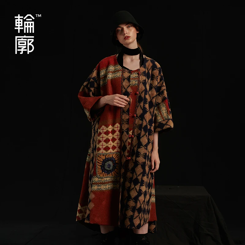 Outline Original National Style Women Long Wool Coat Loose Large Size Embroidery Stitching Woolen L184Y020 | Женская одежда