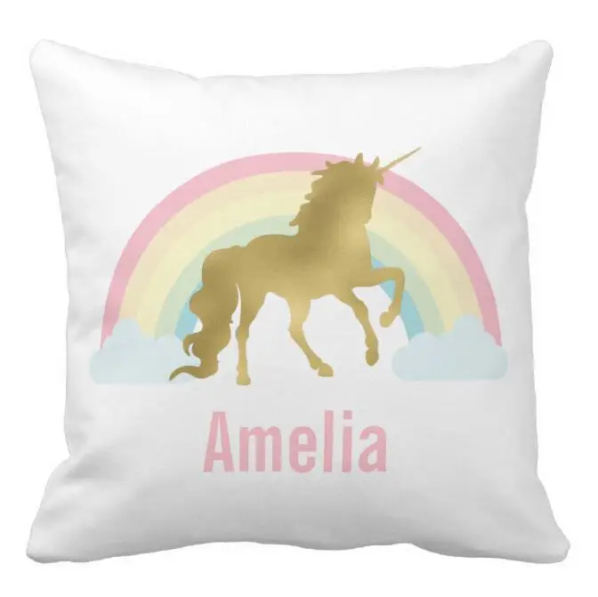 Custom Whimsical Gold Unicorn Cushion Cover Personalised Unicorn Throw