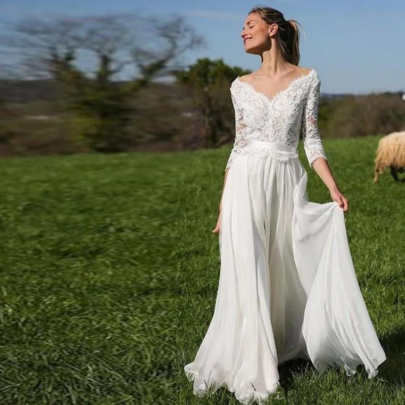 Chiffon Bohemian Wedding Dresses With 3/4 Sleeve V Neck ...