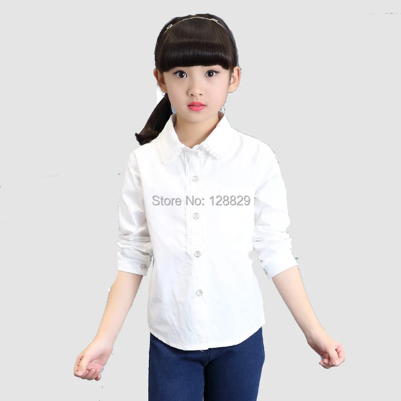 Детские белые блузки для девочек, рубашки хлопковая школьная форма с длинными рукавами для школьников, весенние топы для детей 4, 5, 7, 8, 9, 11, 12 лет