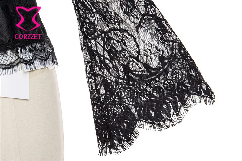 Черный цветочный узор прозрачные рукава с рюшами с открытыми плечами Готический корсет стимпанк Одежда Espartilhos E Corpetes сексуальный